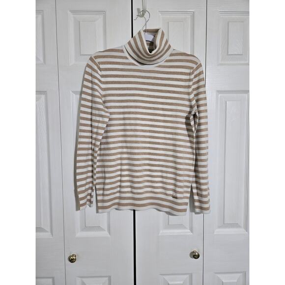 Tommy Hilfiger large women's tan and cream colored striped turtle neck sweater - Picture 1 of 11